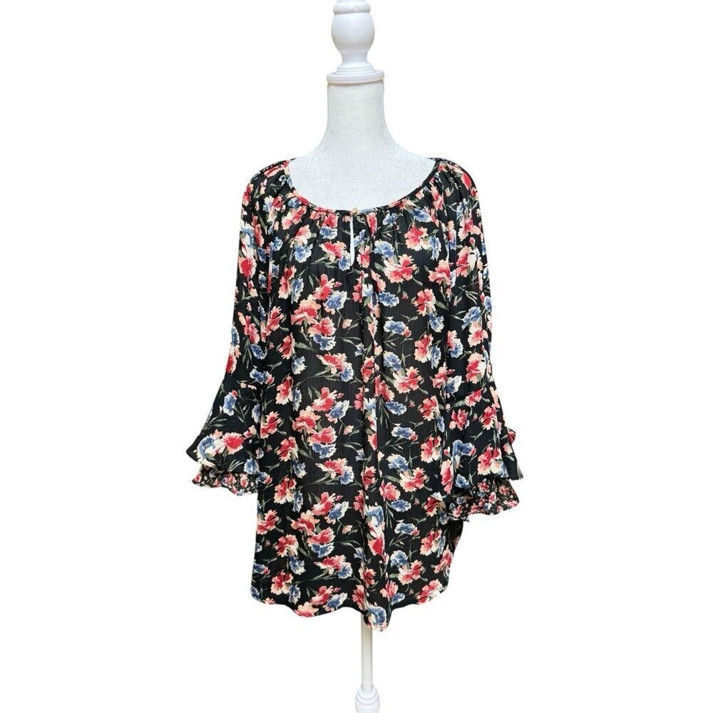 Chaps Floral Blouse XL Black Boho Peasant Ruffle Sleeve Pleated Top